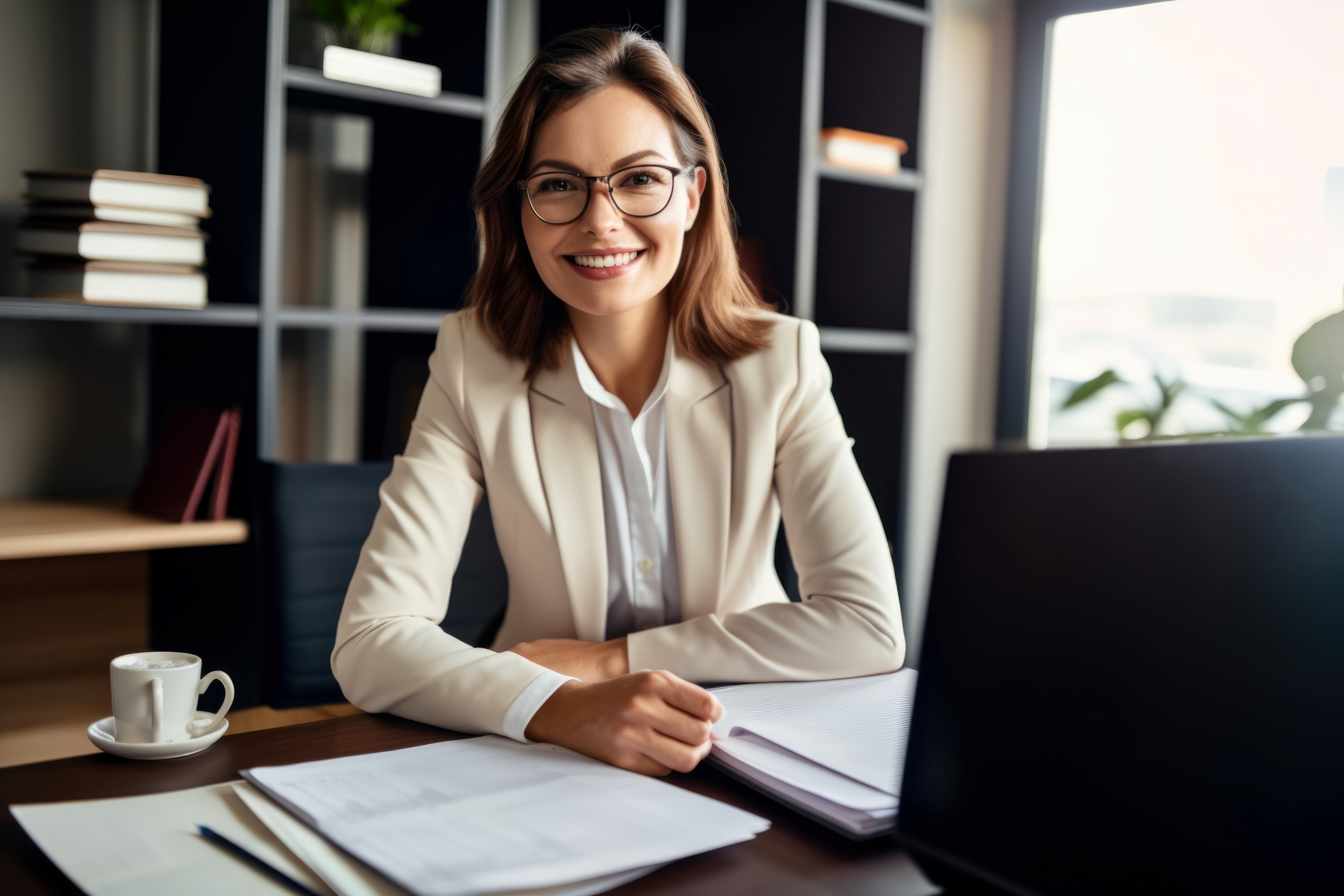 Smiling businesswoman at a desk with laptop and papers